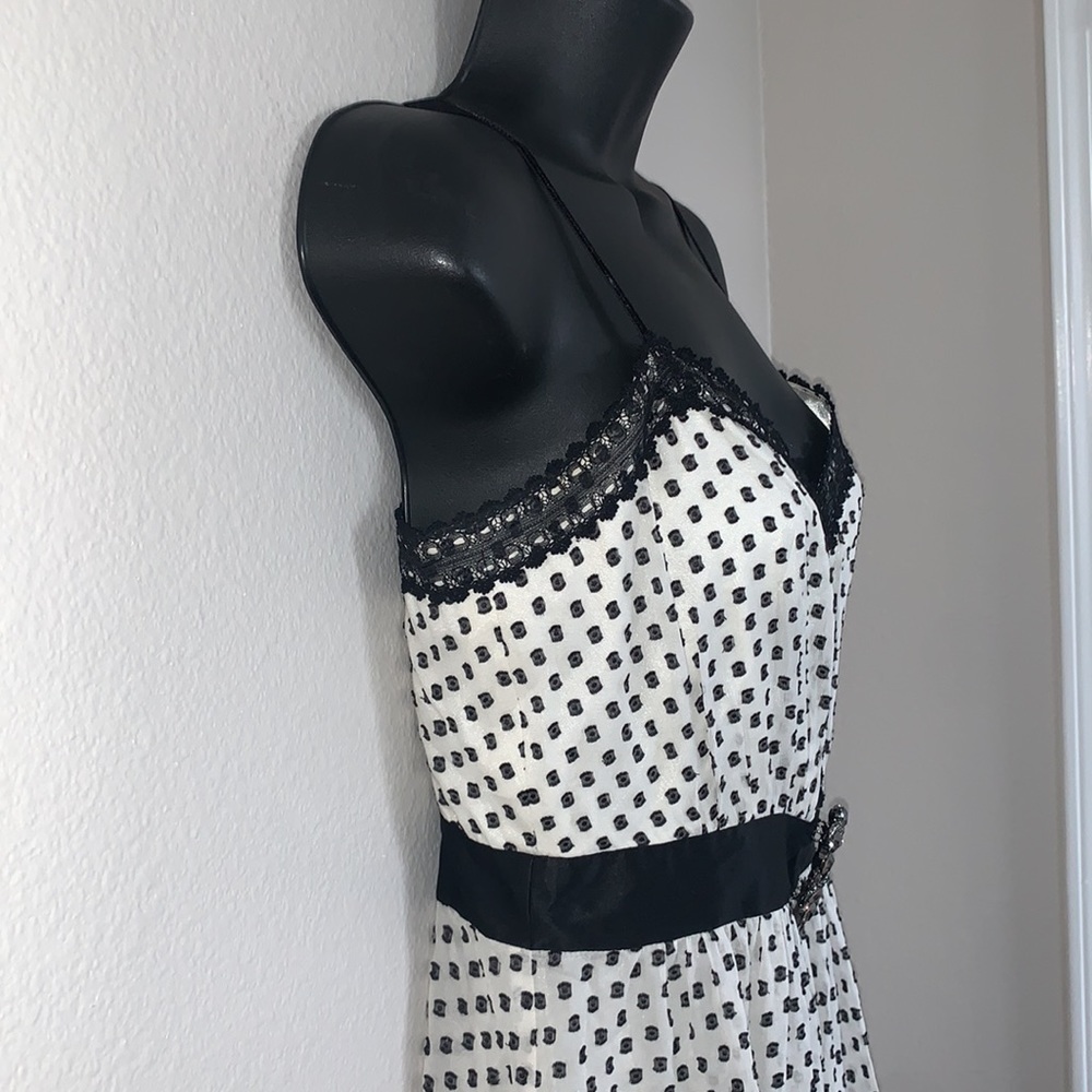 BCBG Vintage Retro Gothic Style Polka Swiss Dot Black and White Brooch Dress - Picture 5 of 11